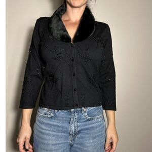 Vintage y2k cache gorgeous beaded velvet collar button up cardigain size large